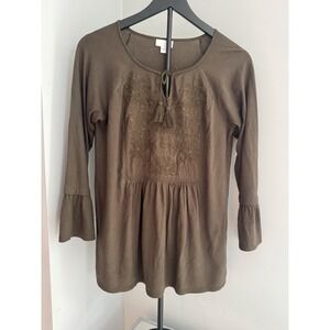 J Jill Top Womens Sz S Brown Knit Tunic Floral Embroidered‎ Boho Bell Sleeve
